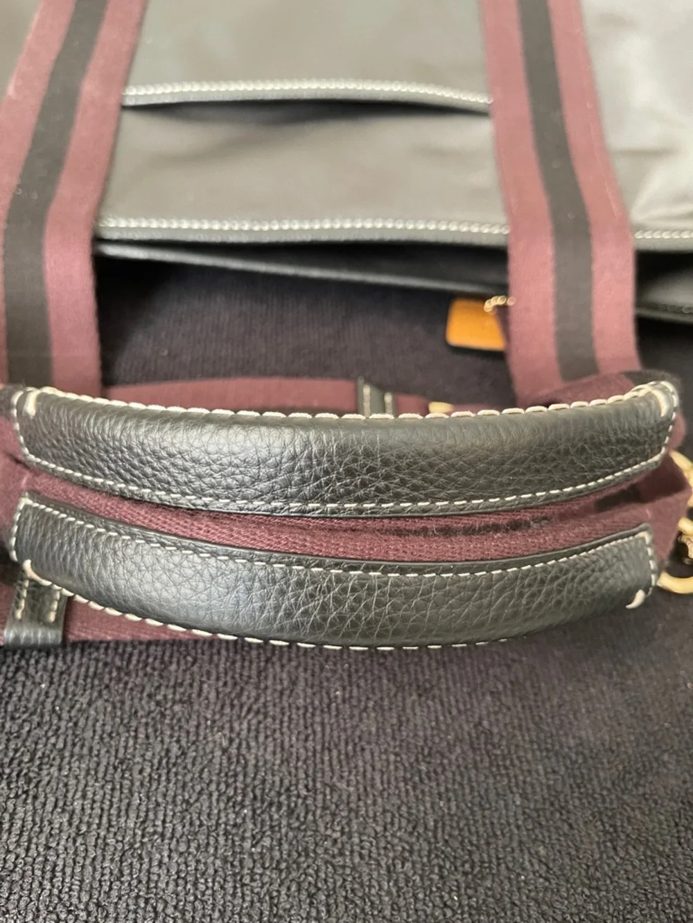 Unisex Coach Black Nylon Tote with Burgundy-Trim Straps